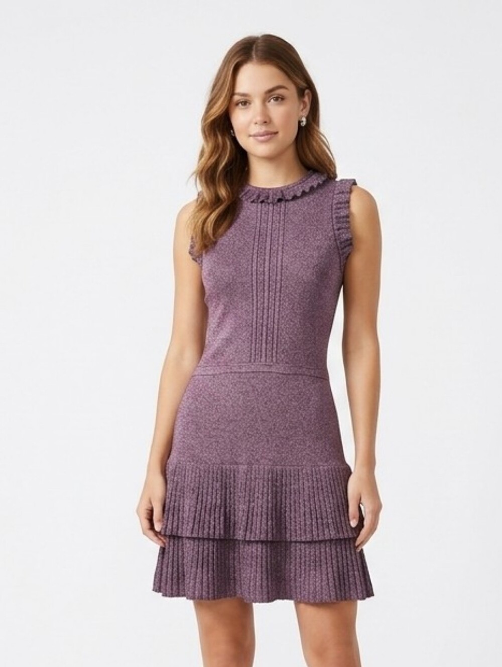 PARKER Purple Heathered Knit Mini Dress Sleeveless Ruffle Pleated Tiered Hem XS
